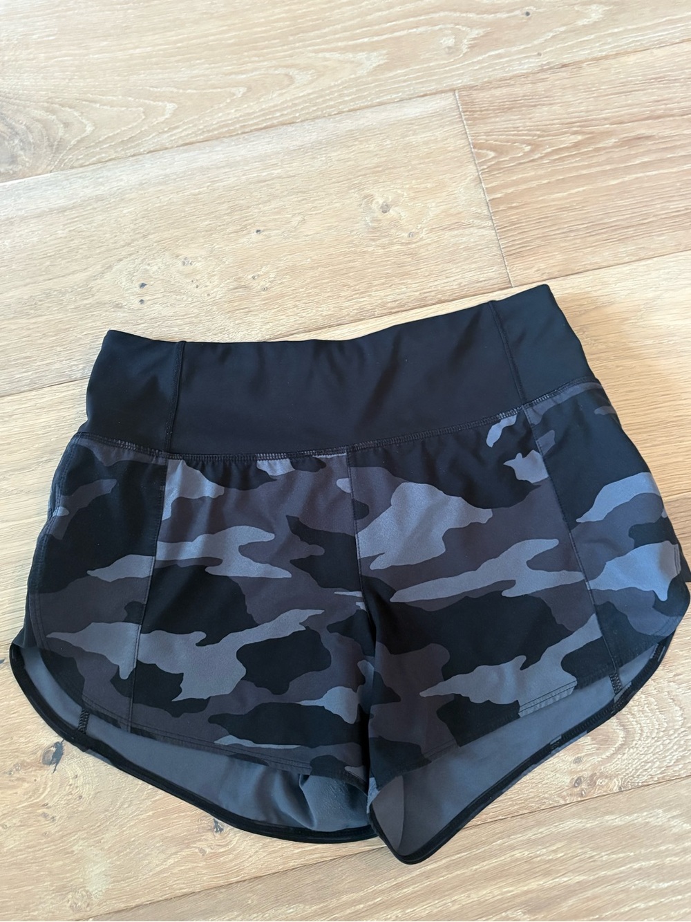 Athleta Black & Grey Camo High-Waist Athletic Shorts